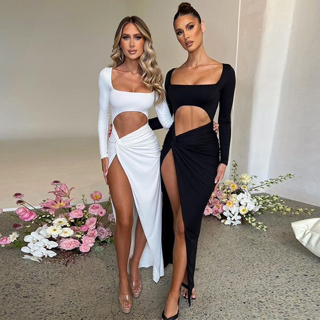 Womens Clothing Long Sleeve Dress Fashion Hollow U-neck Split Dress Party Wedding Main Image