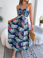 Women Floral Print Sleeveless Cutout Slip Maxi Beach Vacation Dress