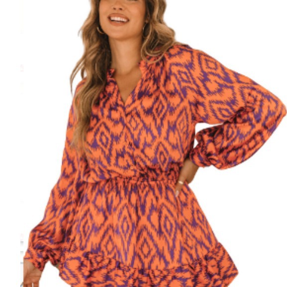 Cross-border Printed Stand Collar Long Sleeve Elastic Waist Bag Liner Dress