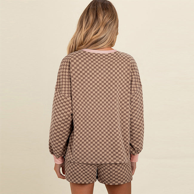 Drawstring Leisure Suit Women's Printed Checks Long Sleeve Two-piece Set Main Image