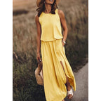 Round Neck Sleeveless Split Solid Color Dress