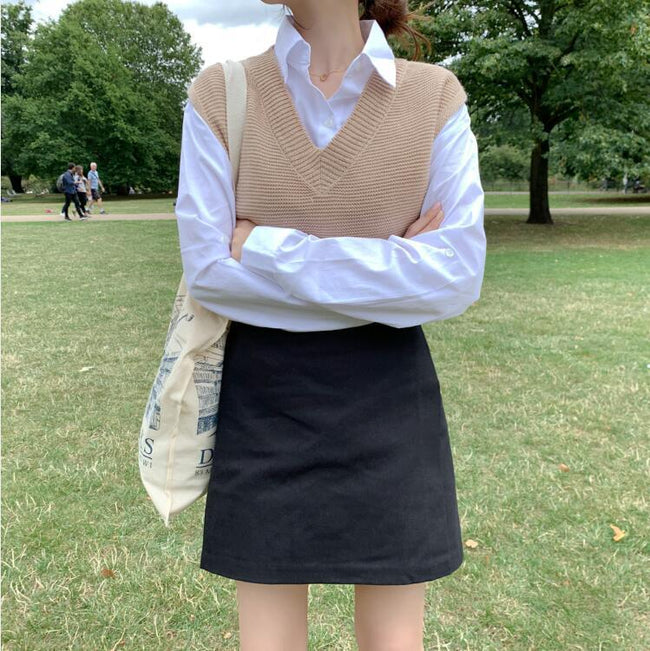 Women's Japanese Sweater Vest Women's Solid Color V-neck Loose Knit Vest Vest Women Main Image