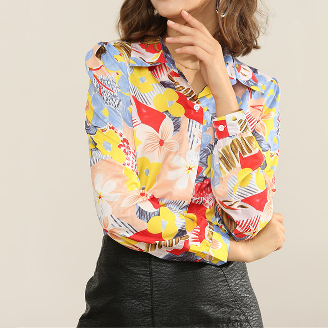 Casual Flower Print Long-sleeved Chiffon Shirt For Women Main Image