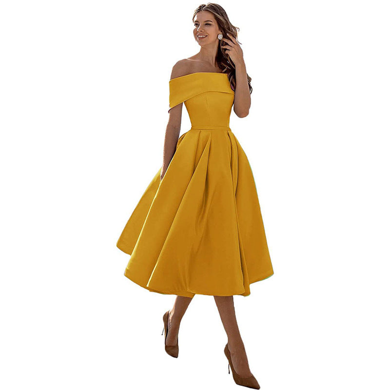 Women's Fashion Casual Strapless Satin Party Dress Off The Shoulder Tea Length Satin Prom Dresses With Pockts Formal Evening Party Dress