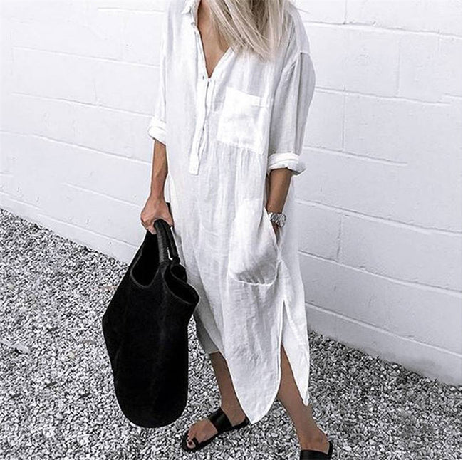 Solid Color Slit Simple Clinch Long Shirt Dress Women Main Image