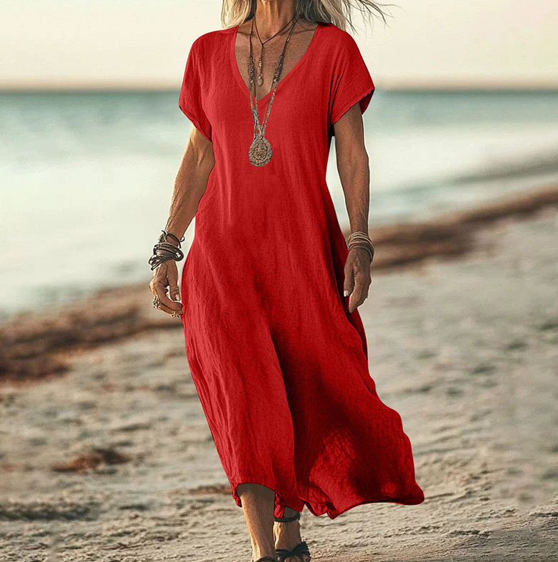 Loose Solid Color And V-neck Cotton And Linen Dress