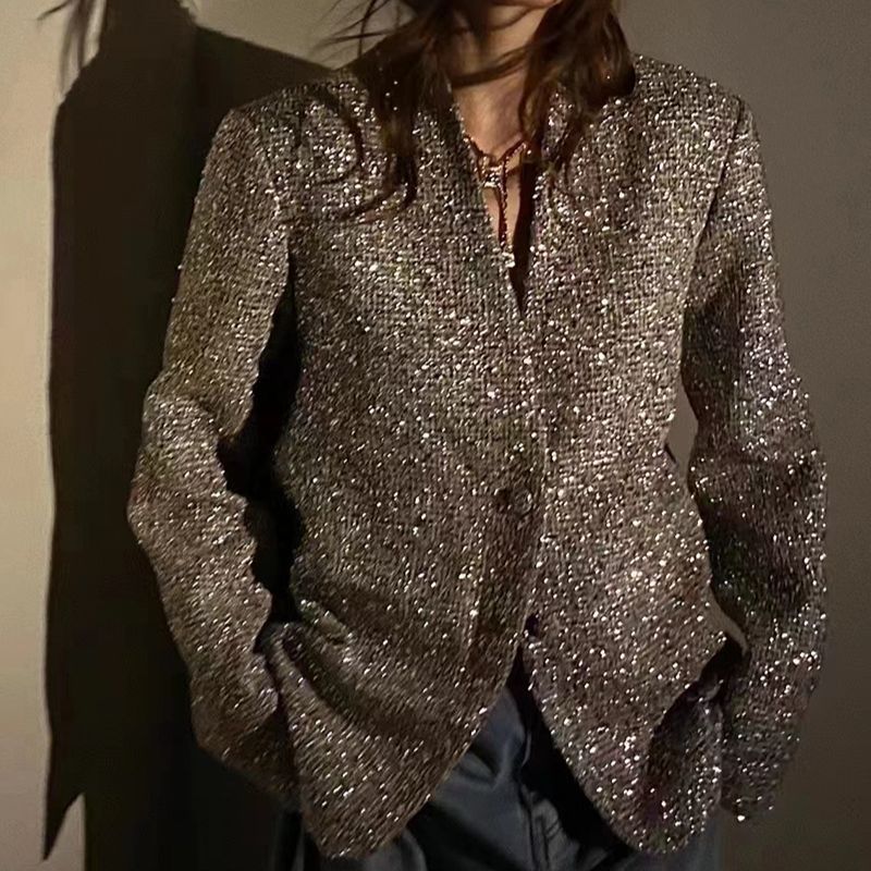 Elegant Silver Classic Style Spring Shiny Silver Blazer