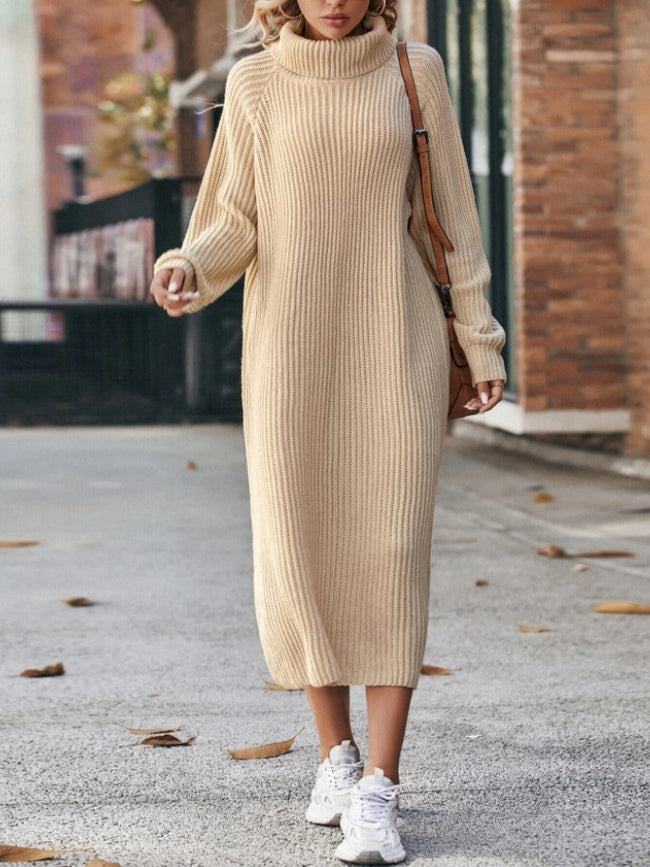 Winter Turtleneck Knitted Sweater Dress Fashion Solid Loose Pullover Long Dresses For Women Clothing Main Image
