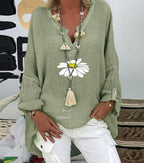 V-neck Printed Slub Shirt Women