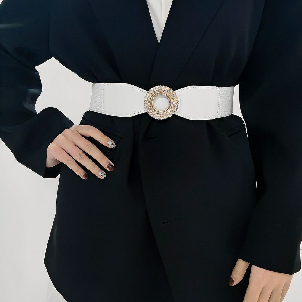 New Ladies Diamond Inlaid Rhinestone Elastic Elastic Belt Simple Round Buckle Skirt Shirt Decoration Suit Belt