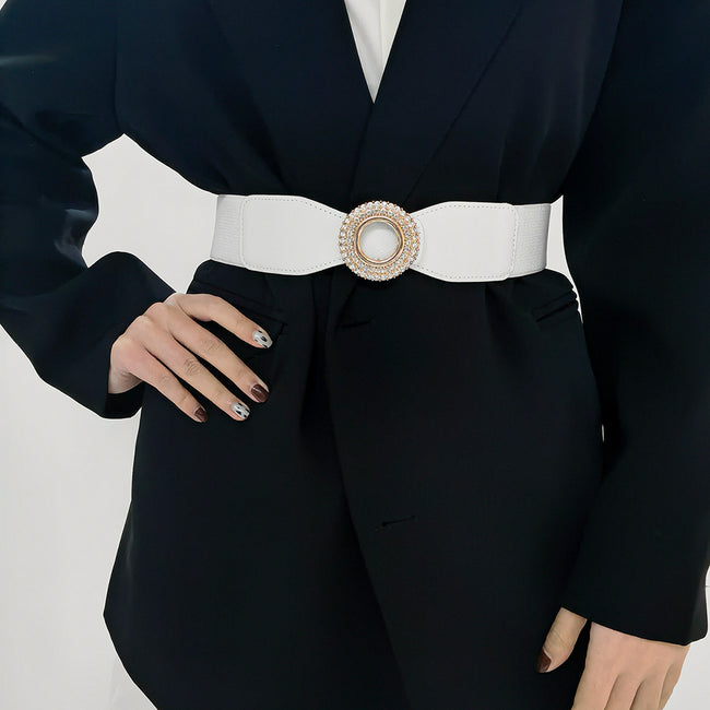 New Ladies Diamond Inlaid Rhinestone Elastic Elastic Belt Simple Round Buckle Skirt Shirt Decoration Suit Belt Main Image