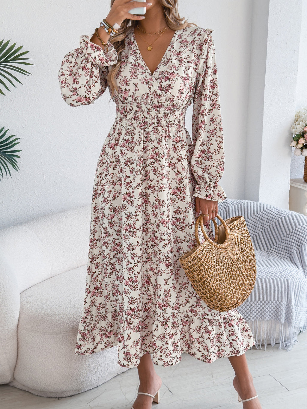 Women's Elegant Floral Cross V-Neck Waist-Defined Hem Ruffle Maxi Dress