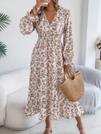 Women's Elegant Floral Cross V-Neck Waist-Defined Hem Ruffle Maxi Dress