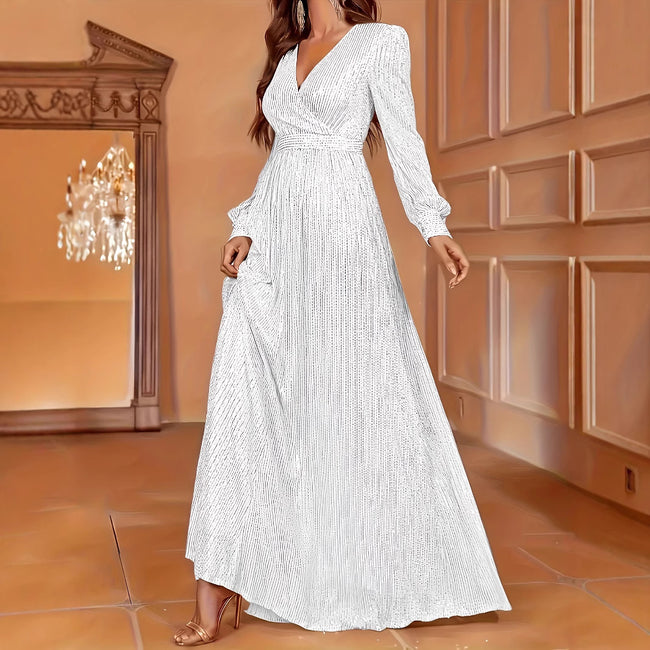 Elegant Dinner Sequined Long Sleeve V-neck High Waist Evening Dress Hover Image