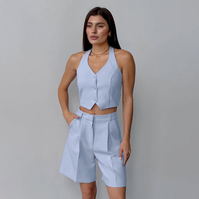 Leisure Loose-fitting Waistcoat Wide Leg Shorts Two-piece Set Blue Color Design Sense Suit Wholesale Hover Image