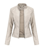 Women's Zip-up Leather Jackets Fashion Solid Color Pockets Stand Collar Top Outwear Clothing