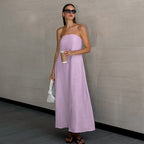 French Style Khaki Cotton Linen Tube Top Vacation Style High Waist Dress