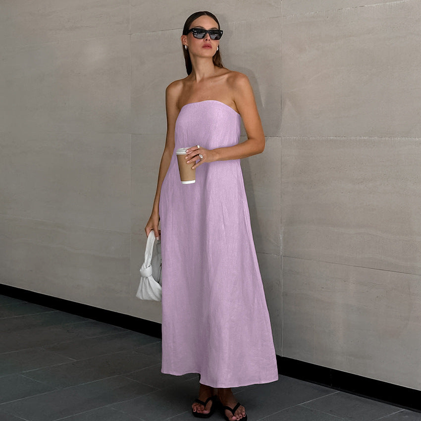 French Style Khaki Cotton Linen Tube Top Vacation Style High Waist Dress