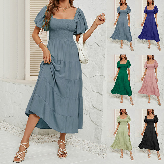 Summer Square Collar Backless Puff Sleeve Dress Women Hover Image