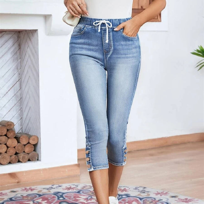 Elastic Waistband Lace-up Stretch Jeans For Women Hover Image