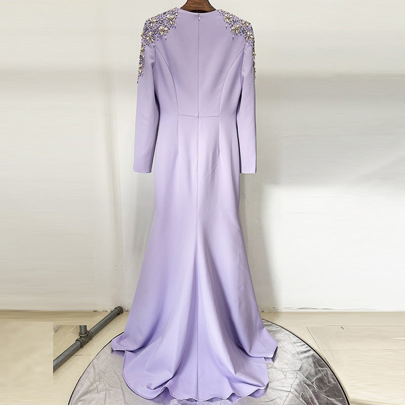 Heavy Industry Beads Diamond Front Slit Small Trailing Dress