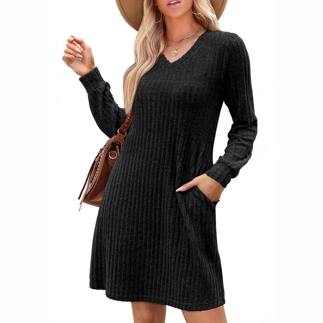 V-neck Pocket Sunken Stripe Brushed Long Sleeve Leisure Dress Main Image