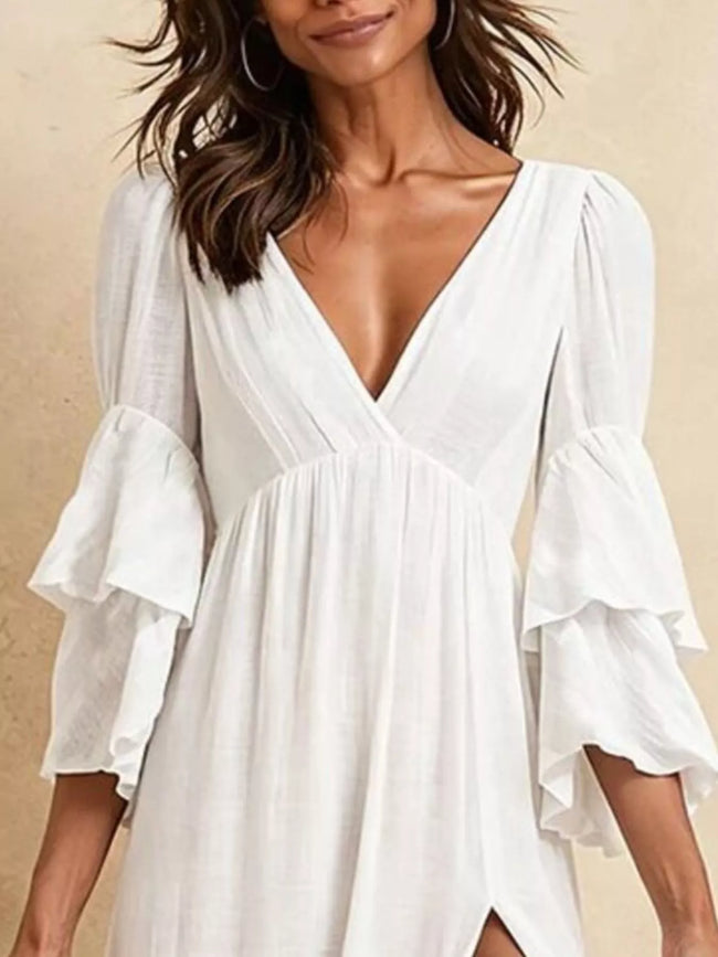 Tiered Ruffle Sleeves High Slit V-Neck Maxi Dress Main Image