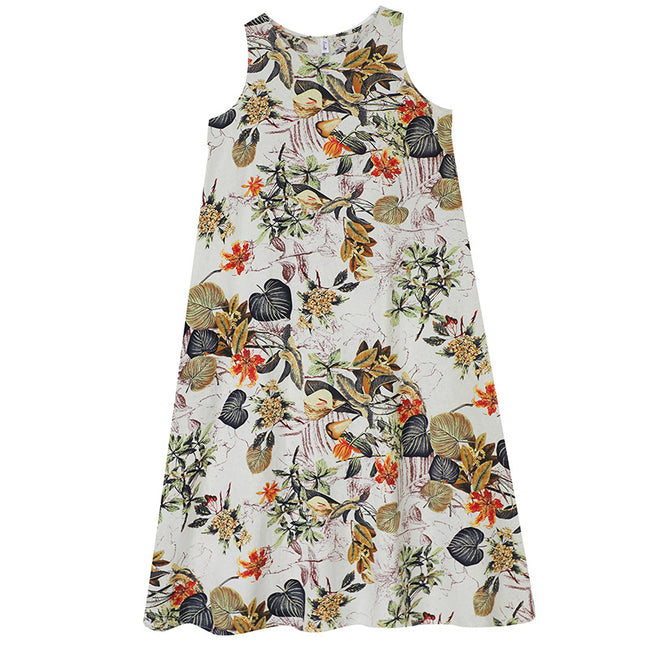 Printed Cotton Linen Round Neck Sleeveless Dress Women's Main Image