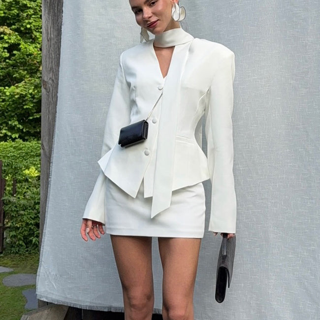 Turtleneck V-neck Long-sleeve Waist-cinching Suit Jacket And Sheath Skirt Two-piece Set Hover Image
