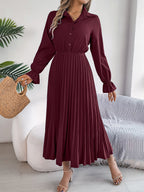 Women's Casual Lapel Button Long Sleeve Tie Waist Pleated Maxi Dress