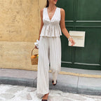 Striped Sleeveless Top Straight-leg Trousers Suit Two-piece Vest Set