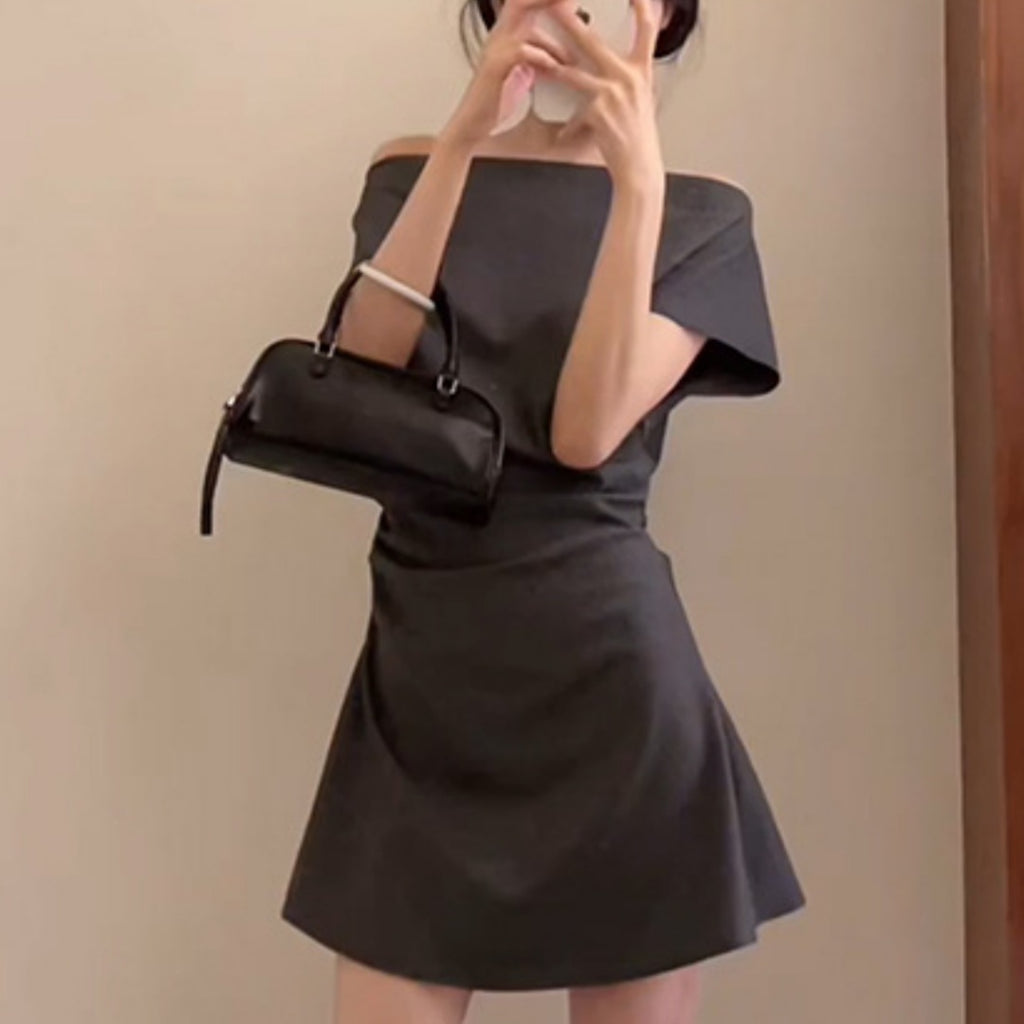Gray High-grade Off-neck Short Sleeve Dress