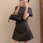 Gray High-grade Off-neck Short Sleeve Dress