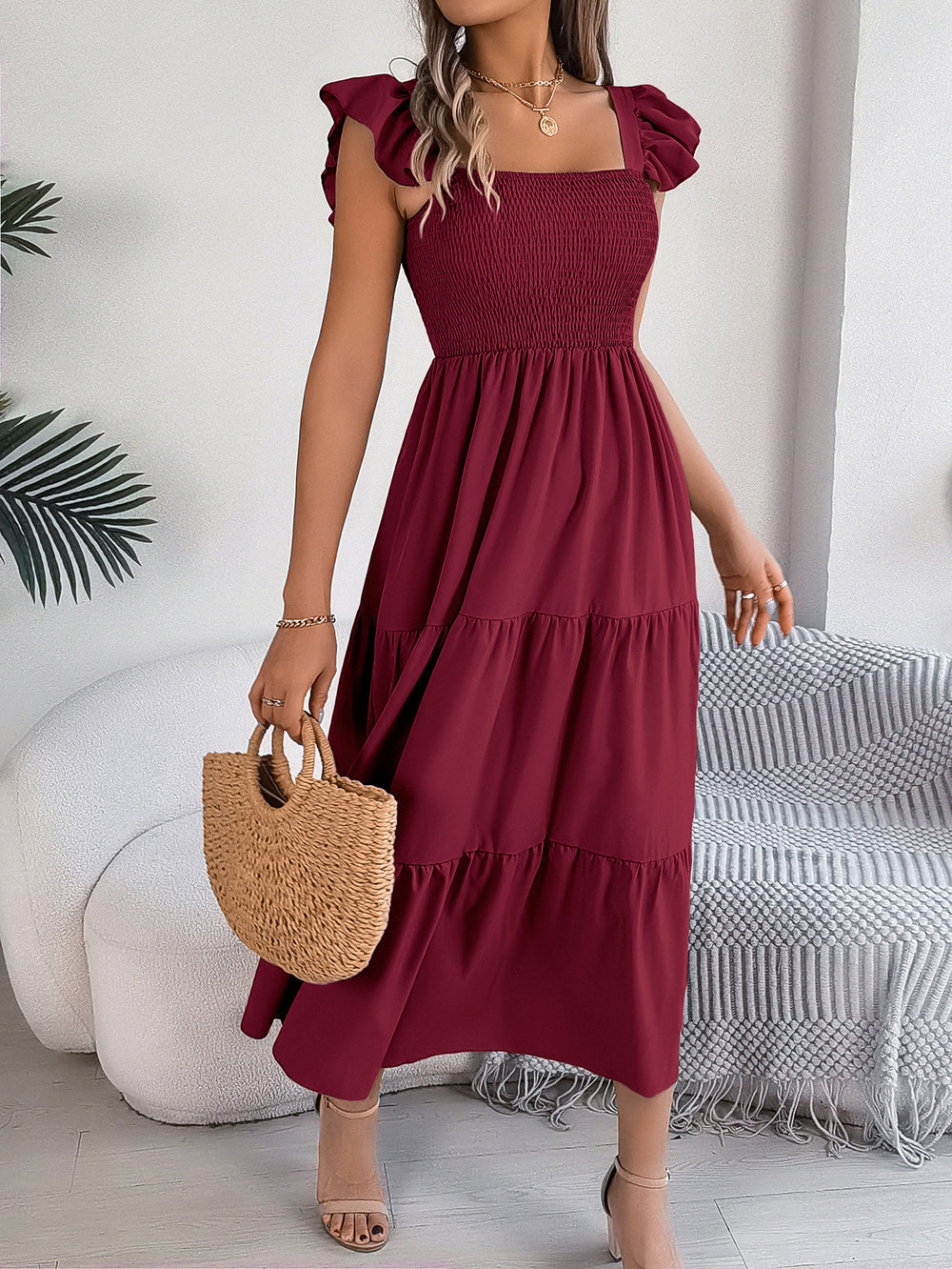 Robe d'été décontractée pour femme - Robe sans manches mi-longue plissée et longue à volants