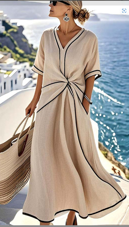 Summer Striped Print Dress Casual Beach Vacation Short-sleeved Maxi Dress Womens Clothing Main Image