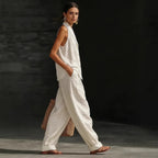 Wide-leg Pants Suit Womens Cotton-linen Fashionable Two-piece Set