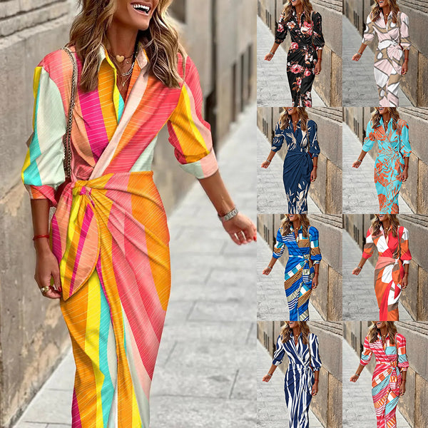 Fashion Printed Shirt Dress With Belt Slim Fit Three-quarter Sleeve Lapel Dress For Women Clothing