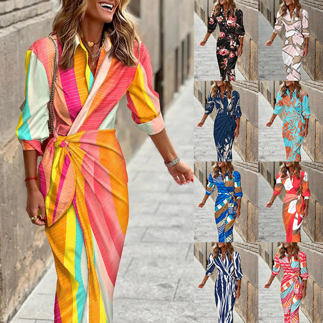 Fashion Printed Shirt Dress With Belt Slim Fit Three-quarter Sleeve Lapel Dress For Women Clothing Hover Image