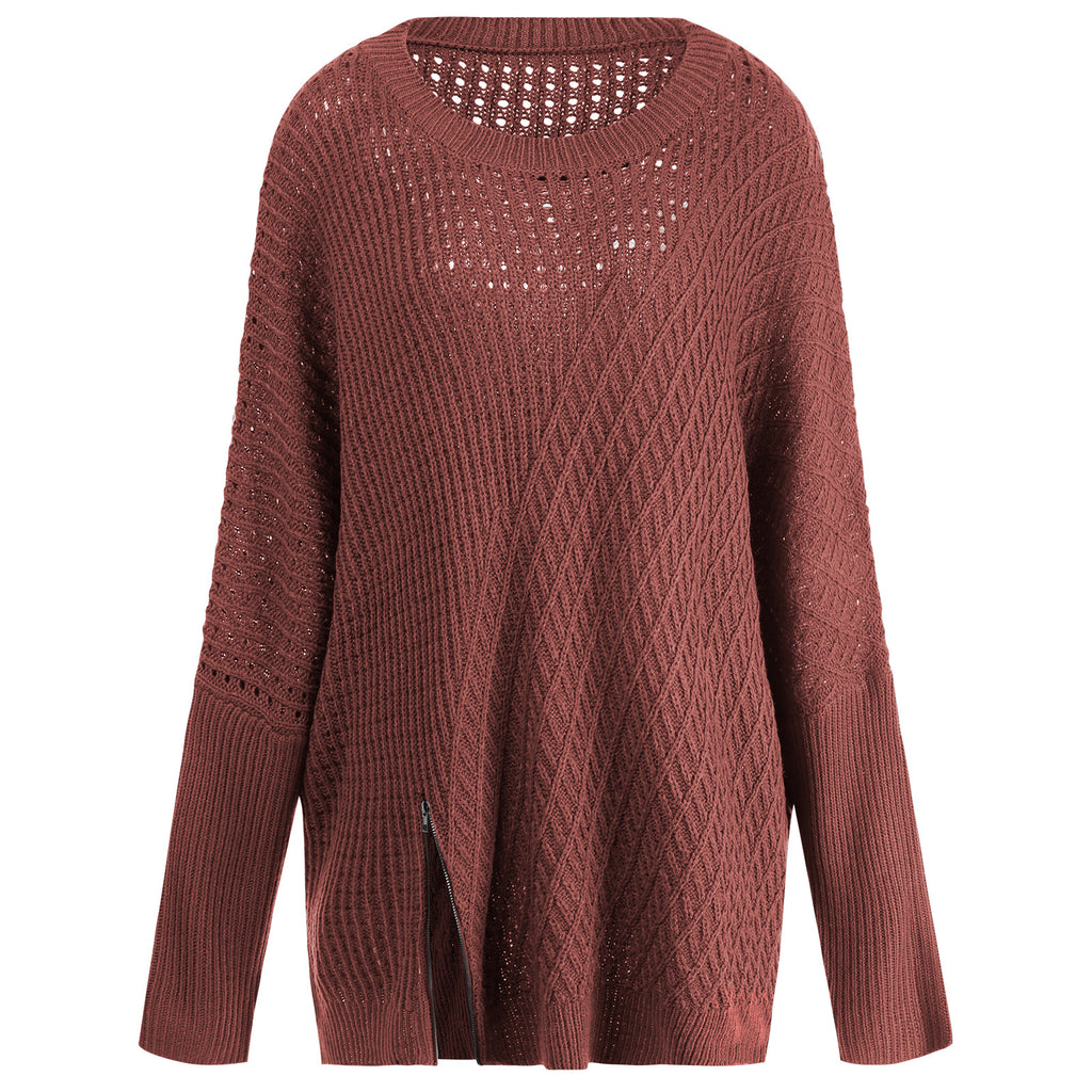 Round Neck Long Sleeve Hollow Knit Sweater Women Loose Sweater Winter