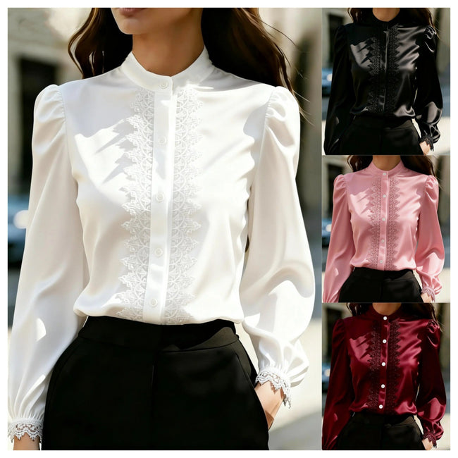 Satin Lace-Patchwork Stand-Collar Shirt Top For Women Hover Image