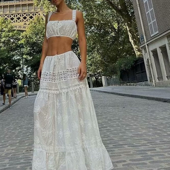 Off-neck Lace Short Small Top High Waist Drawstring Patchwork Long Dress