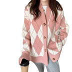 Diamond Contrast Color Cardigan Sweater Women