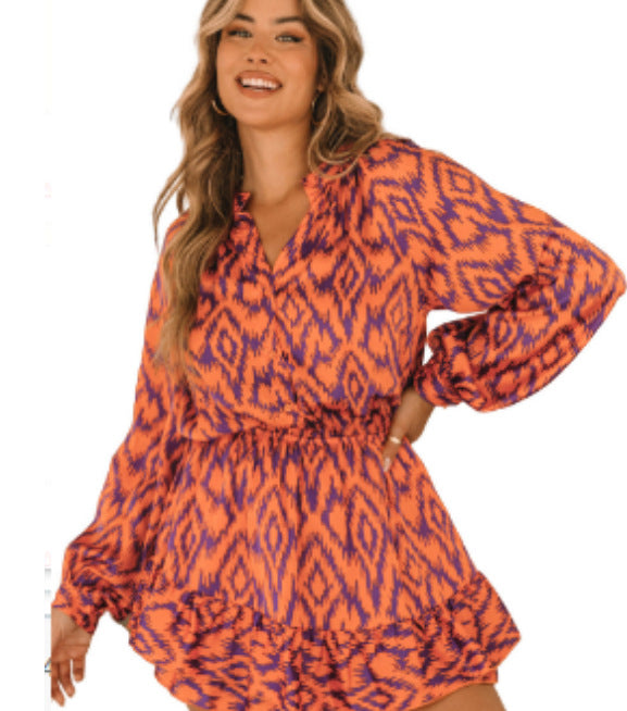 Cross-border Printed Stand Collar Long Sleeve Elastic Waist Bag Liner Dress