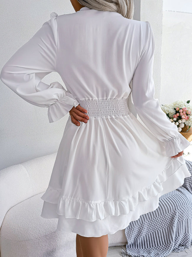 Women  Casual Tie Waist Ruffle Trim Flowy Dress Main Image