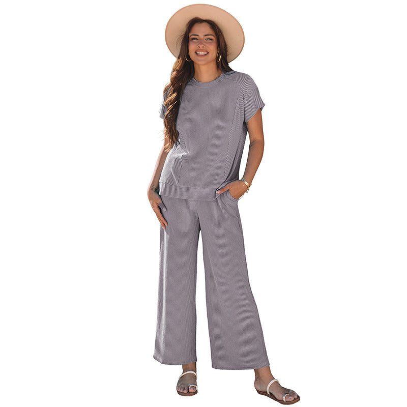 Solid Color Short Sleeve Two-piece Set Women Loose Knit Casual Suit