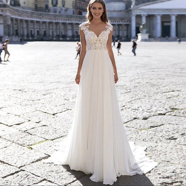 A Series Chiffon Wedding Dress V-neck Long Sleeve Hover Image