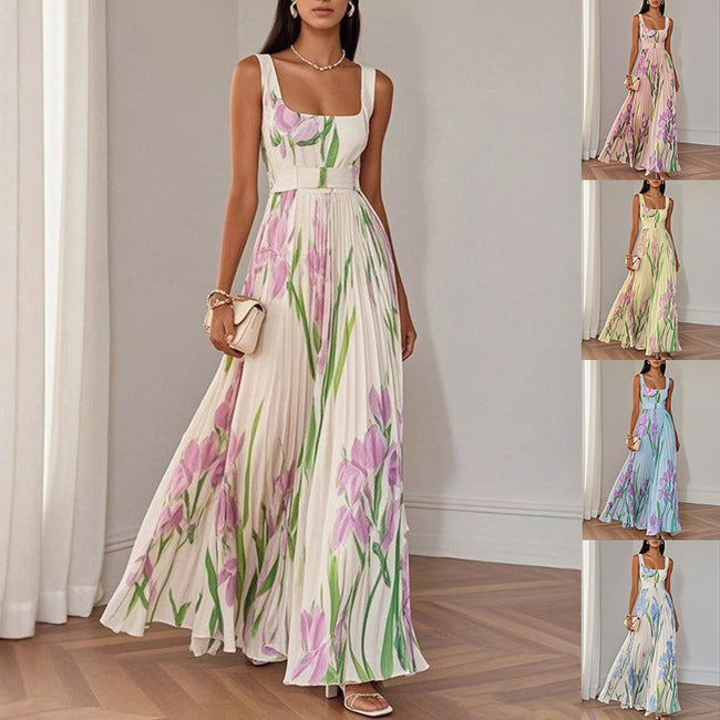 Floral Print Pleated Dress Summer A-Line Sleeveless Midi Dresses Women's Clothing Hover Image