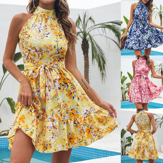 New Flowers Print Halterneck Dress Summer Fashion Temperament Lace-up Ruffled Dresses For Women Hover Image