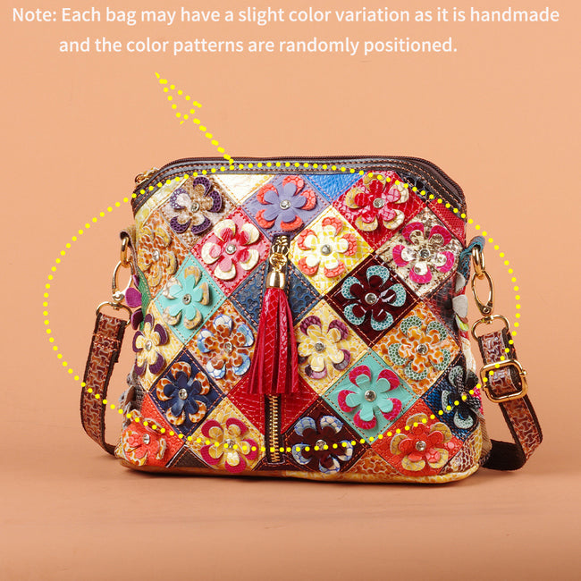 Genuine Leather Serpentine Color Handmade Casual Daily Tassel Flowers Shoulder Messenger Bag For Women Hover Image