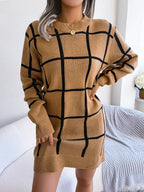 Casual Color Block Plaid Long Sleeve Sweater Dress